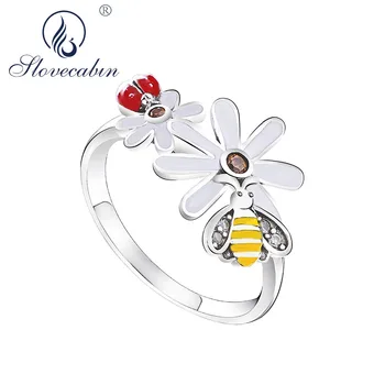Slovecabin Originálne 925 Sterling Silver 2018 Deň matiek Bee a Lienka v Kvetinová Záhrada Prst Krúžky Žien Jar Krúžok
