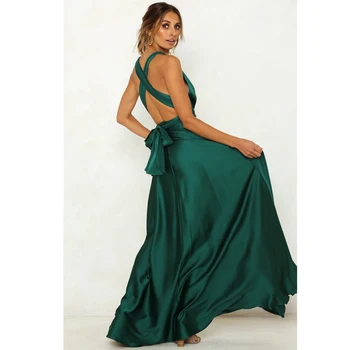 Smaragdovo Zelená Backless Sexy Dĺžka Podlahy Satin Maxi Šaty DIY Krížové popruhy Otvorené Voľné Dlhé Šaty