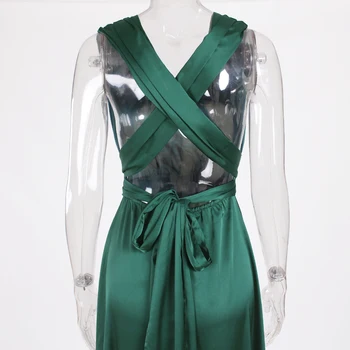 Smaragdovo Zelená Backless Sexy Dĺžka Podlahy Satin Maxi Šaty DIY Krížové popruhy Otvorené Voľné Dlhé Šaty