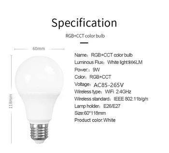 Smart Wifi Žiarovky Lampy Načasovanie Stmievateľné WiFi 2.4 GHz Žiarovka eWelink 806LM E27 9W 85-265V RGB+SCS Farby Žiarovka
