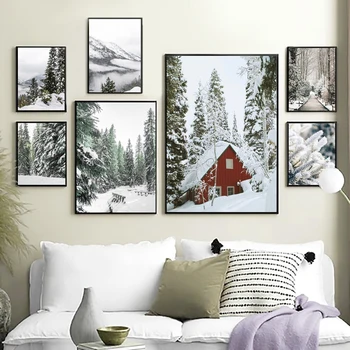 Sneh Na Horských Lesov Dom Most Wall Art Plátno Na Maľovanie Nordic Plagáty A Potlačou Obrazov Na Stenu Pre Obývacia Izba Domova