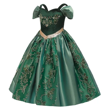 Snehová Kráľovná Dievčatá Elsa Anna Zelené Šaty Vyšívané Boutique Princezná Šaty Halloween Anna Kostým Dieťa Elegantné Večerné Šaty