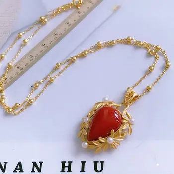 SNew striebrom vykladané drop-tvarované prírodné južnej červený achát Čínskom štýle retro šarm svetlo pôvabné luxusné prívesok perlový náhrdelník