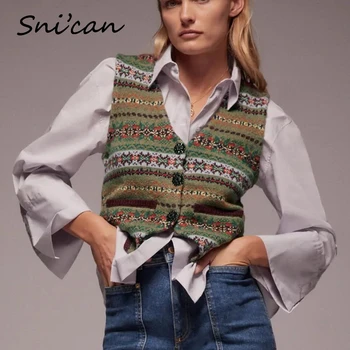 Snican vintage kvetinový pletený sveter vesta vytiahnuť sans manches femme za módne cardigan plodín topy jeseň jar jumper mujer 2020
