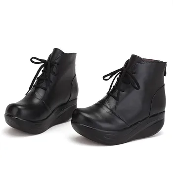SNURULAN Solid Black Ženy, Topánky šnurovacie Originálne Kožené Zimné Topánky, Teplé Kliny Platformu Swing Topánky Veľká Veľkosť Krátke Topánky