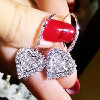 Srdce tvar Drop náušnice Diamond cz Reálne 925 Sterling silver Zapojenie Svadobné Visieť Náušnice pre ženy Kúzlo Strany šperky