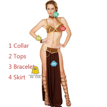 Star Wars Princezná Leia Cosplay Sukne Nastaviť Sexy Halloween Kostýmy Zlatý Top+Neckchain+Šaty Nastaviť Egyptské Ženy Kostým Karneval