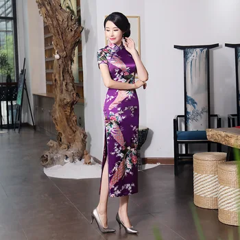 Staré Čínske Tradičné Šaty Cheongsam Vintage Ženy Dlho Qipao Páva Večer Split Party Šaty Sexy Vestidos Nové
