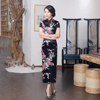 Staré Čínske Tradičné Šaty Cheongsam Vintage Ženy Dlho Qipao Páva Večer Split Party Šaty Sexy Vestidos Nové
