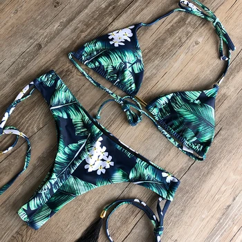 Strapec listy tlač žena, plavky 2020 nové Sexy brazílske bikini tangá plavky s uväzovaním za trojuholník plavky ženy micro biquin