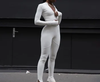 Streetwear Biela Čierna Pletené Sexy Bodycon Jumpsuit Ženy 2020 Dlhý Rukáv Chudá Jumpsuit Ženské jeden kus oblečenia