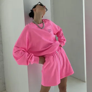 Streetwear Neon Voľné Tepláky Ženy Písmeno Tlačenej Dve Dielna Sada Jeseň Mikina a Šortky Cvičebný úbor 2020