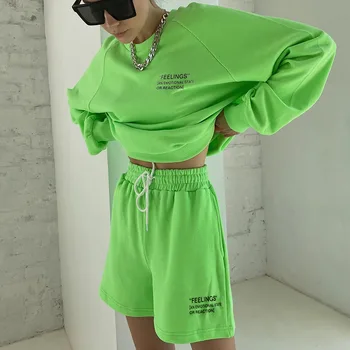 Streetwear Neon Voľné Tepláky Ženy Písmeno Tlačenej Dve Dielna Sada Jeseň Mikina a Šortky Cvičebný úbor 2020