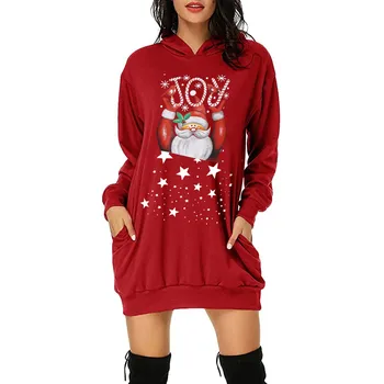 Streetwear Vianočné Šaty dámske Módne Vianoce s Kapucňou, Taška Hip Vrecku Tlač Šaty Zimné Šaty Žien Vestido Sudadera Mujer