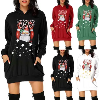 Streetwear Vianočné Šaty dámske Módne Vianoce s Kapucňou, Taška Hip Vrecku Tlač Šaty Zimné Šaty Žien Vestido Sudadera Mujer