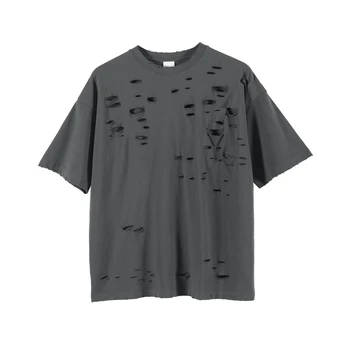 Stresujúce Čierne Roztrhané tričko Hip Hop Uvoľnene Krátky Rukáv Bavlna Tee Streetwear