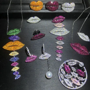 Strieborné Farebné multicolor asymetrický pery seriál plný diamond králik náušnice, náramok, náhrdelník módne ženy prsteň ušľachtilá šperky