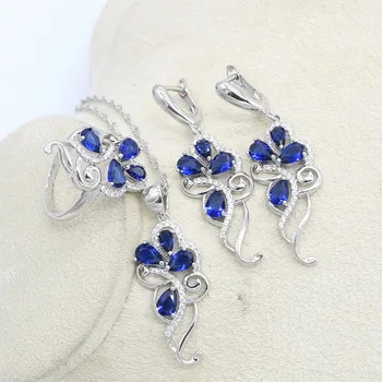 Strieborné Farebné Šperky, luxusné Modrý Kameň Šperky Set pre Ženy s Náramok Náušnice Náhrdelník Prívesok, Prsteň Box