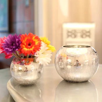 Strieborné sklenené vázy farbu kvetu sklenené vázy loptu sklenené vázy svadobné sušené kvety skladovanie dekorácie Svetla luxusné lode darček