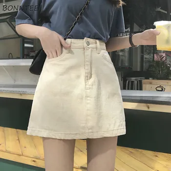 Sukne Ženy Mini A-Line Vysoký Pás Pevné Jednoduchý Zips Vrecká Tlačidlo Slim kórejský Štýl Nové Módne Streetwear Dámske All-zápas