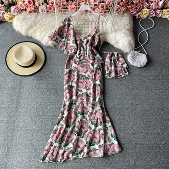 Summer Sling tvaru jedného pleca bez ramienok kvetinový šifón šaty ženské nové trúby rukáv taška hip fishtail šaty plážové šaty