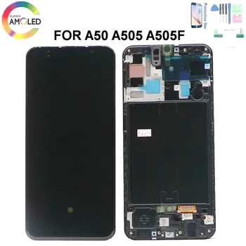 Super Amoled A50 LCD Displej Pre Samsung Galaxy A50 A505 SM-A505FN/DS A505F/D Displej LCD s dotykovou Obrazovkou Digitalizátorom. S Rámom