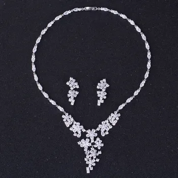 Super Luxusný Postriebrený Klesá Kvet Cubic Zirconia Crystal Svadobné Svadobné Bižutérie Sady Pre Nevesty