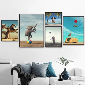 Surrealizmus Žirafa, Slon Wall Art Plátno Na Maľovanie Nordic Plagáty A Vytlačí Zvierat Obrazov Na Stenu Pre Obývacia Izba Domova
