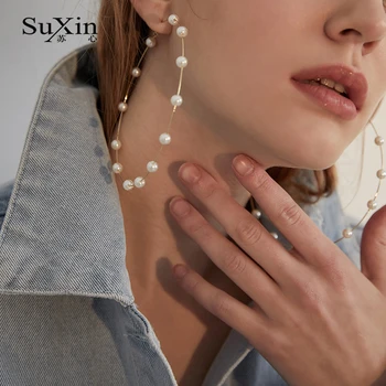 SuXin náušnice 2020 nové jednoduché nadrozmerné okrúhle náušnice pre ženy dlho pearl prívesok náušnice darček