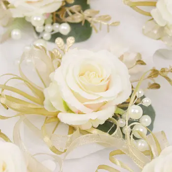 Svadobné dodávky svadba nevesta ženícha corsage strane kvet ruže zápästie kvet brošňa party doplnky, umelý kvet champagne
