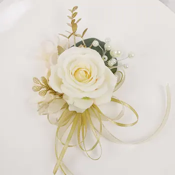 Svadobné dodávky svadba nevesta ženícha corsage strane kvet ruže zápästie kvet brošňa party doplnky, umelý kvet champagne