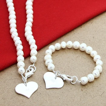 Svadobné Šperky Sady 925 Sterling Silver Prírodné Perlový Náhrdelník Srdce Náramok Set Pre Ženy, Svadobné Zásnubný Dar