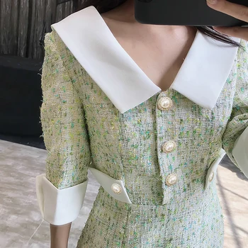 Svetlo zelená tweed šaty 5-bodové rukáv 2020 jar / jeseň dámske šaty spájať dámy štíhle Retro jednodielne šaty klesnutie