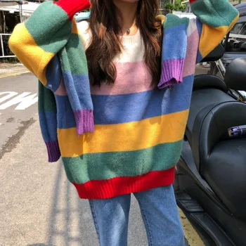 Svetre Krásne Ženy Rainbow Prekladané kórejský Trendy Preppy Teens Pulóver Knitwear Soft All-zápas Základné Vintage Dámy Sveter