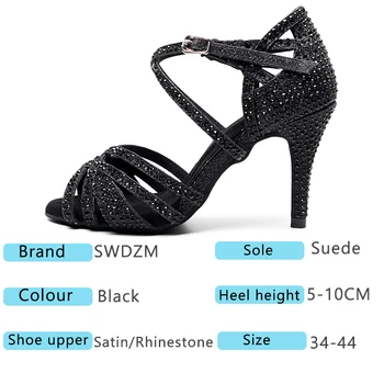 SWDZM Black drahokamu módne latinské tanečné topánky Sála valčík samba Jazz tanečné topánky pre ženy, dievčatá 5-10 cm Vysokým Podpätkom Piesku