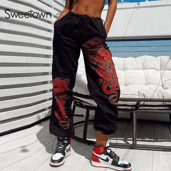 Sweetown Lete Dragon Tlač Dámske Jogger Tepláky Vysokým Pásom Šnúrkou Streetwear Hip Pop Nohavice Ženské Módne Oblečenie