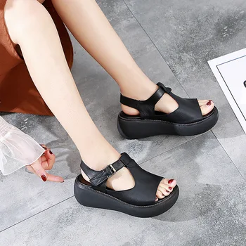 SWONCO Topánky Ženy Sandále Retro pravej Kože Ručne Platformu Kliny Letné Topánky 2019 Lete Dámy Pracky Peep-Toe Sandál