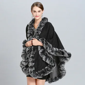 SWONCO Zimný Kabát Ženy Faux Fox Kožušiny Cape Zimný Plášť s Dlhým Rukávom 2019 Nové Plášte Y Capas Mujer Pončo Feminino Inverno Čierna