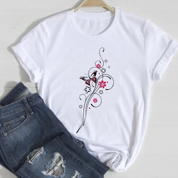 T-košele Ženy Kvetinový Motýľ Oblečenie Jar Leto Krátky Rukáv Šaty Grafické Tričko Top Lady Tlač Ženský Čaj T-Shirt
