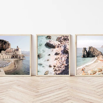 Taliansko Pobrežie Amalfi Dáždnik Plagát Charakter Krajiny Print More, Pláže Kameň Plátno Umenie Maľba Seascape Obrázky Nástenné Dekorácie