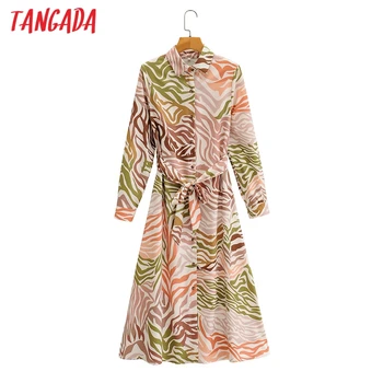 Tangada módne ženy tlač šaty s lomka 2020 nový príchod dlhý rukáv dámske tričko šaty vestidos 2F67