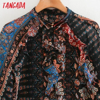Tangada ženy retro volánikmi kvetinový tlač, blúzky dlhý rukáv elegantné ženy bežné šifón tričko blusas femininas 2W137