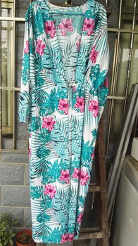 TEELYNN zelený kvetinový tlač pláži kimono kaftan ženy, blúzky, košele vintage prispôsobiť pás boho letné bikiny zakryť vestidos župan