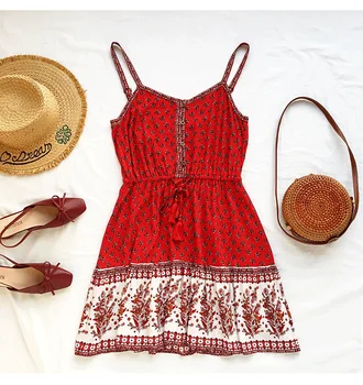 TEELYNN červená kvetinový tlač Mini ženy Šaty, bavlna, hodváb popruhy letné šaty vestidos pláži Šnúrkou pás bežné šaty boho