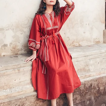 TEELYNN červená midi tunika šaty pre ženy svietidla rukáv Strane pozdĺžneho šaty bavlna Výšivky boho šaty voľné šaty vestidos