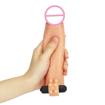 Tekutý Silikón Penis Péro zväčšovacieho prístroja 2 palca Predĺženie Vibrátor Rukáv Penis Krúžok Predčasnej Ejakulácie Extender