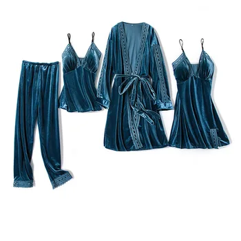 Teplé Ženy Pyžamo Zahusťovanie Sleepwear 4 Kusy Zlata Velvet Pyžamo Nastaviť Voľné Veľké Veľkosti, Dlhý Rukáv Ženské Domáce Oblečenie