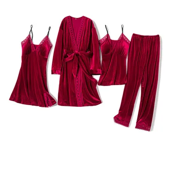 Teplé Ženy Pyžamo Zahusťovanie Sleepwear 4 Kusy Zlata Velvet Pyžamo Nastaviť Voľné Veľké Veľkosti, Dlhý Rukáv Ženské Domáce Oblečenie