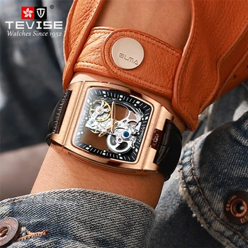 TEVISE SLEDOVAŤ Nové muži mechanické hodinky barel typ duté z kožené módne pánske hodinky svetelný námestie populárne pánske hodinky