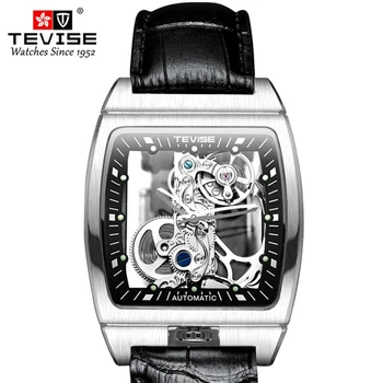 TEVISE SLEDOVAŤ Nové muži mechanické hodinky barel typ duté z kožené módne pánske hodinky svetelný námestie populárne pánske hodinky